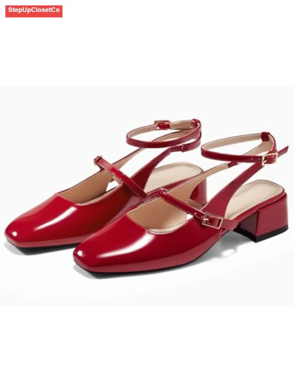 Women's Mary Jane Chunky Low Heels Square Toe Ankle Strap Dress Pumps Faux
